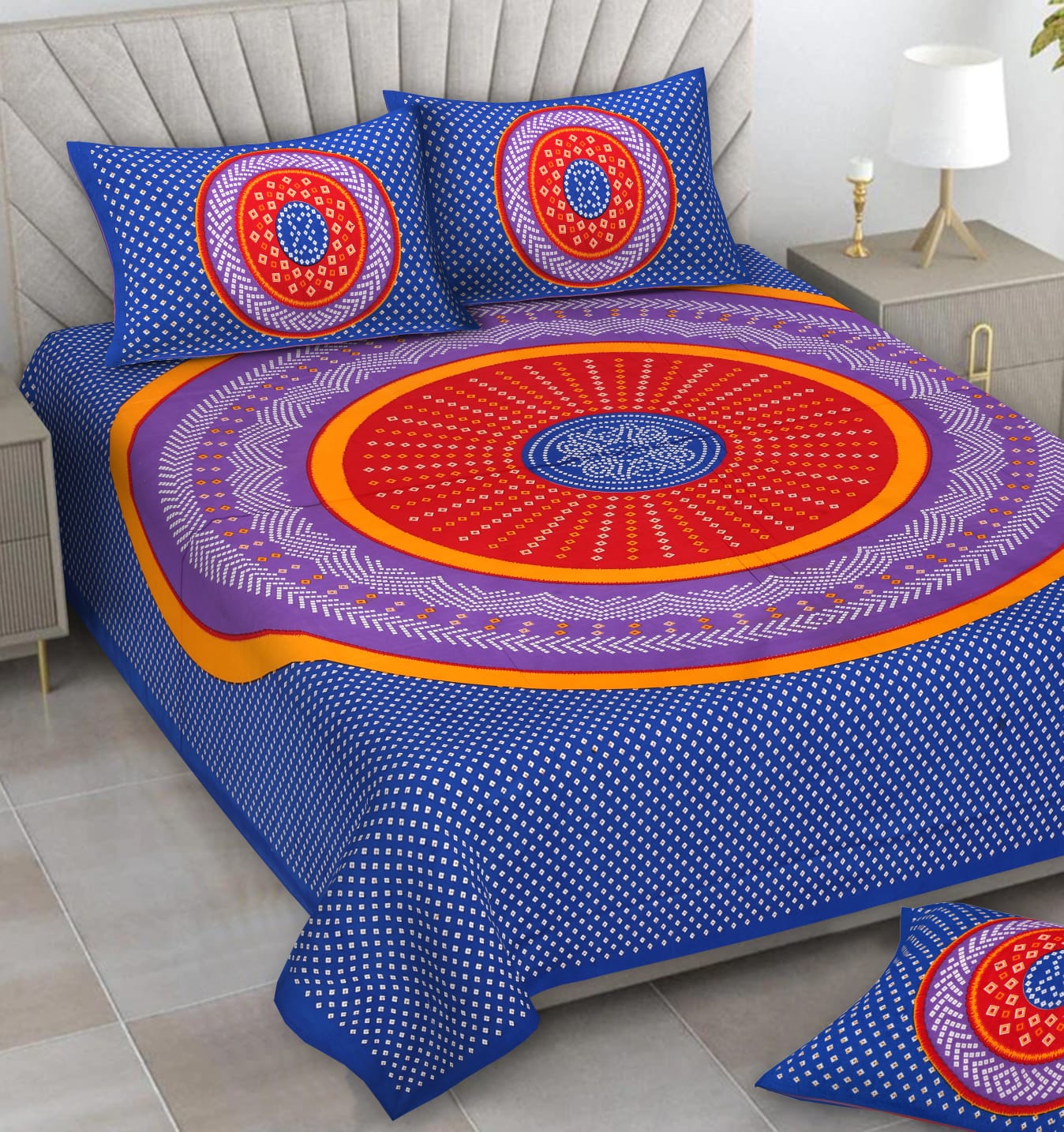 Mandala Circle Print Double Bedsheet – Royal Blue Edition