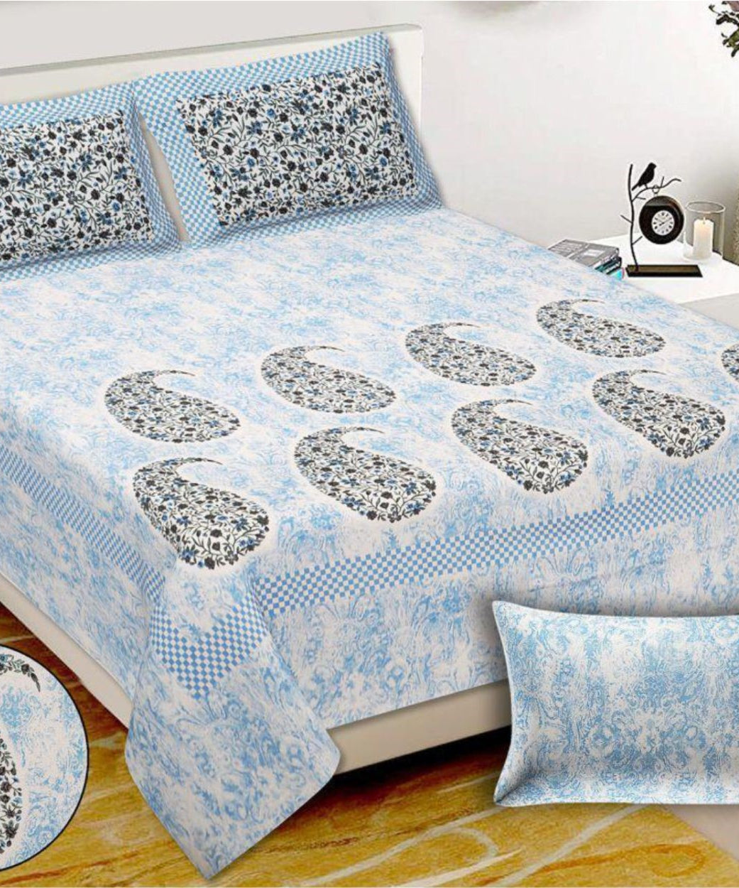 Elegant Blue Paisley Floral Design King Size Bedsheet