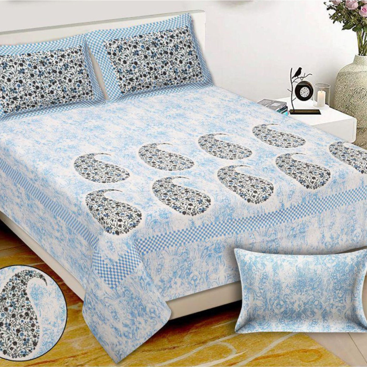 Elegant Blue Paisley Floral Design King Size Bedsheet 100x108