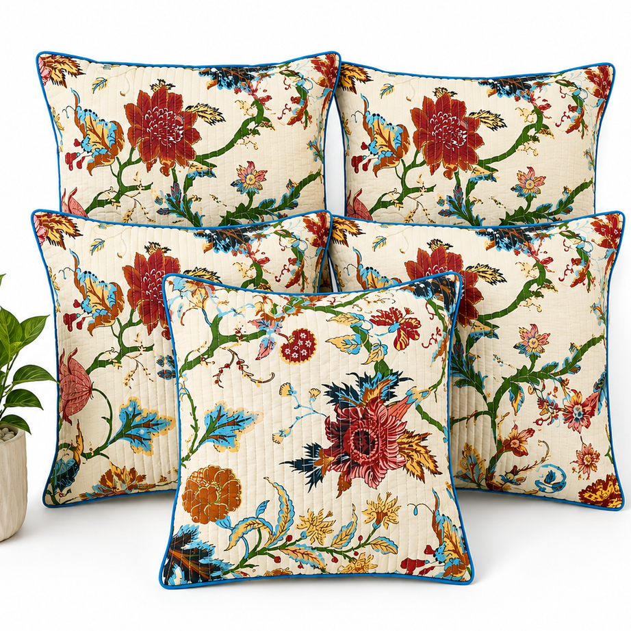 Anokhi Floral Quilted Cotton Cushion Cover Set of 5