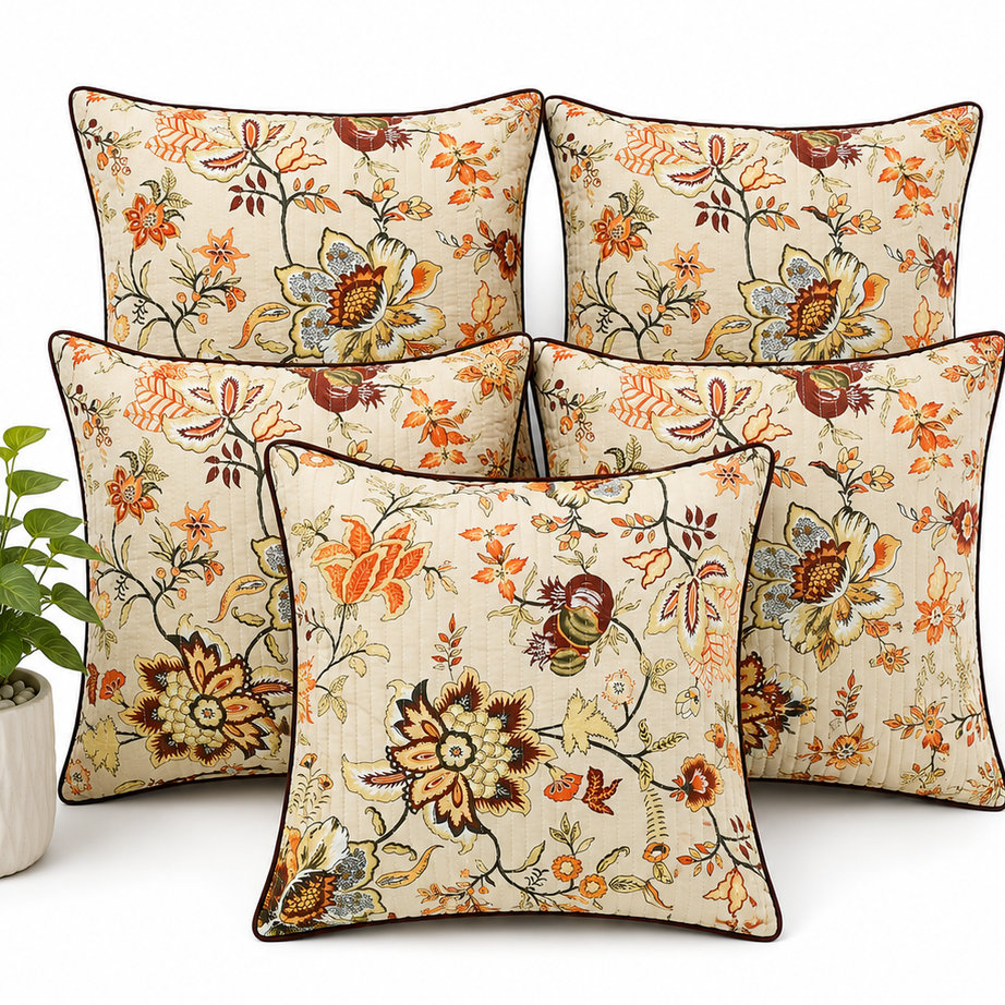 Anokhi Heritage Floral Quilted Cotton Cushion Cover Set of 5