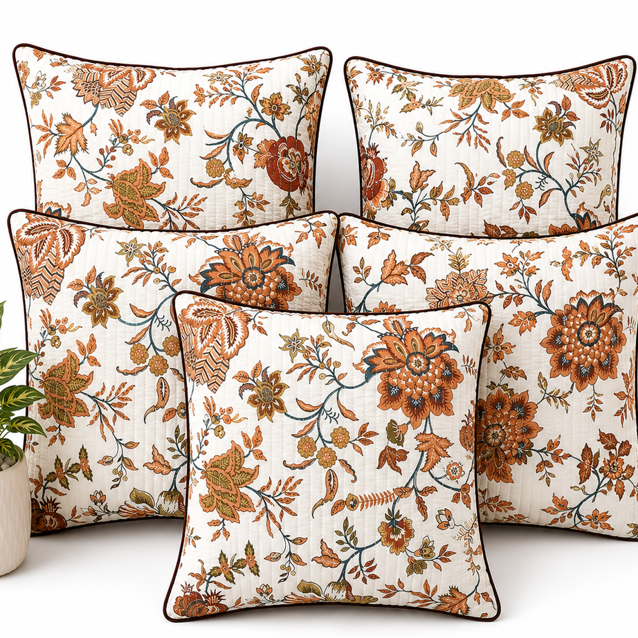 Anokhi Autumn Bloom Quilted Cotton Cushion Cover Set of 5