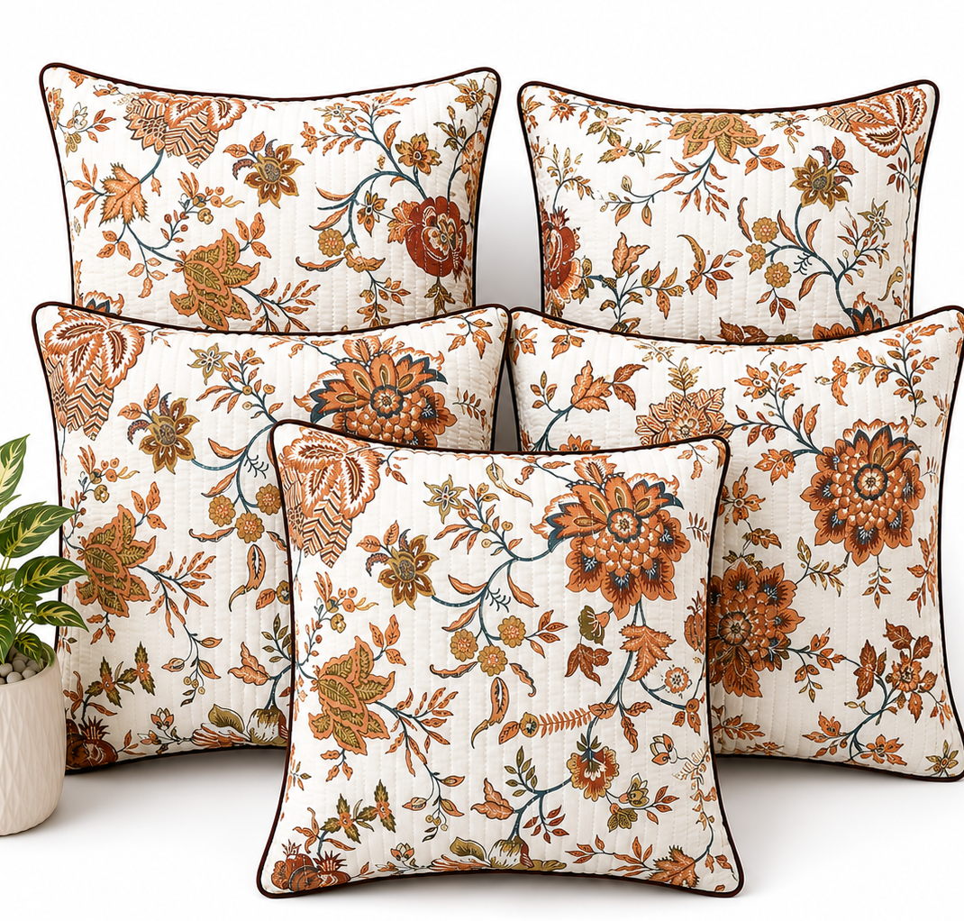 Anokhi Autumn Bloom Quilted Cotton Cushion Cover Set of 5