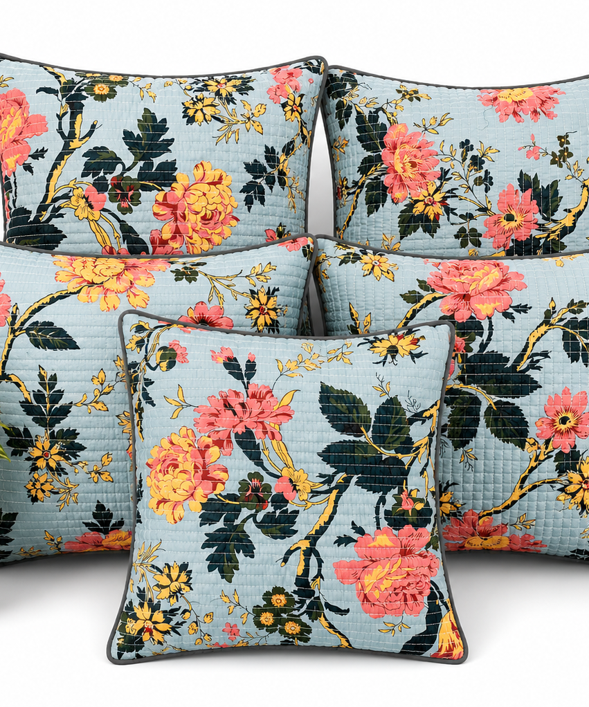 Anokhi Blue Blossom Quilted Cotton Cushion Cover Set of 5