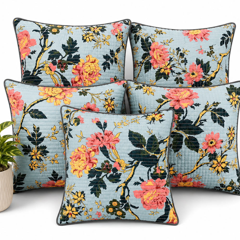 Anokhi Blue Blossom Quilted Cotton Cushion Cover Set of 5