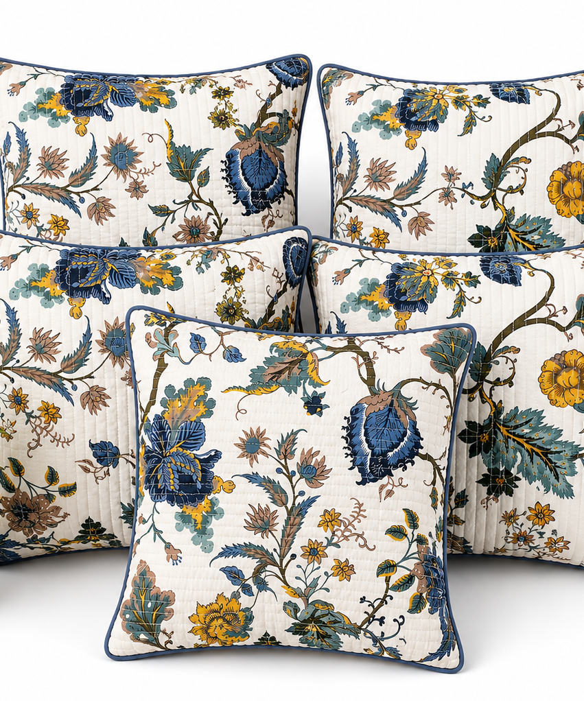 Anokhi Indigo Bloom Quilted Cotton Cushion Cover Set of 5