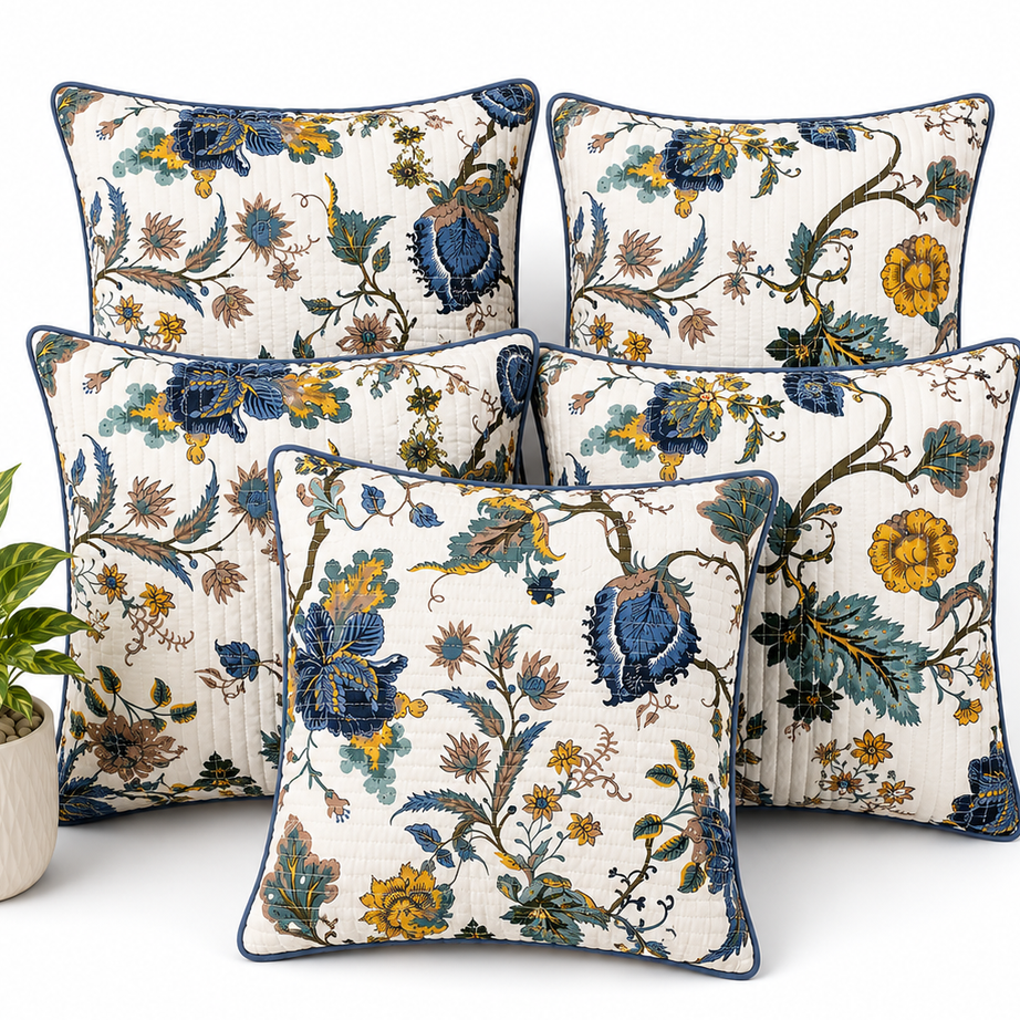Anokhi Indigo Bloom Quilted Cotton Cushion Cover Set of 5