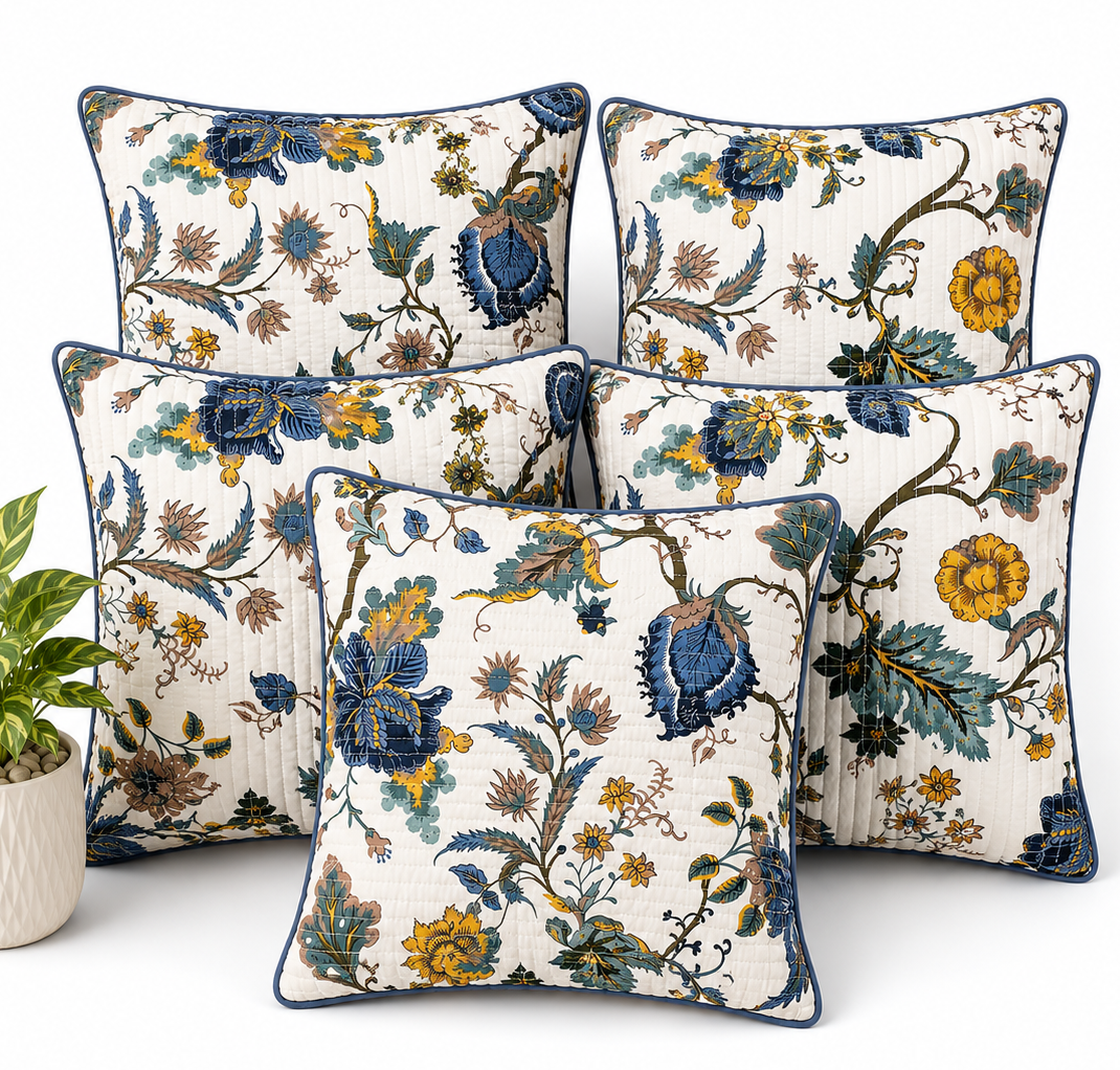 Anokhi Indigo Bloom Quilted Cotton Cushion Cover Set of 5