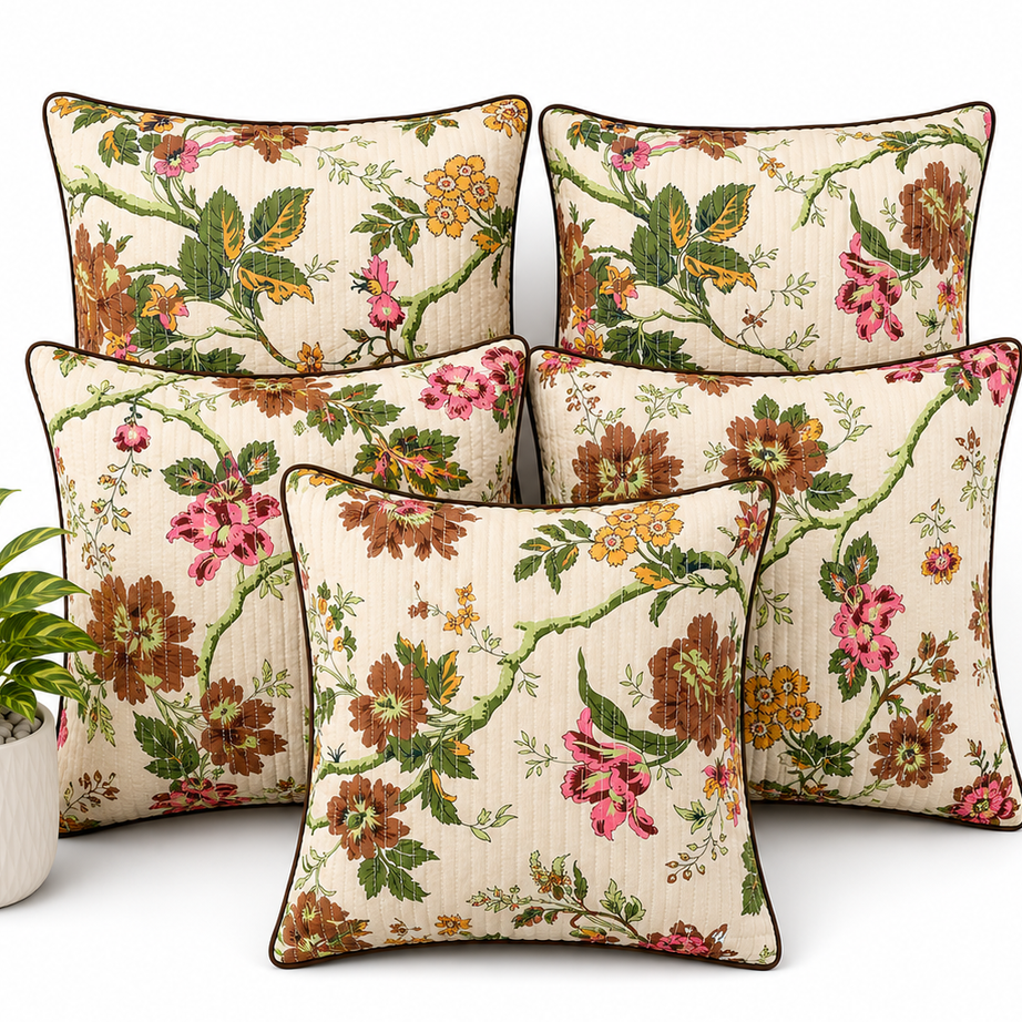 Anokhi Vintage Garden Quilted Cotton Cushion Cover Set of 5