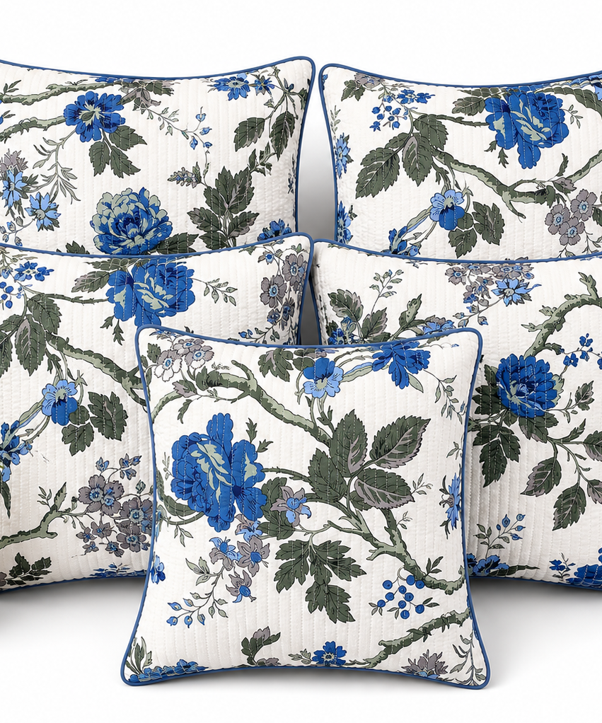 Anokhi Royal Blue Floral Quilted Cotton Cushion Cover Set of 5