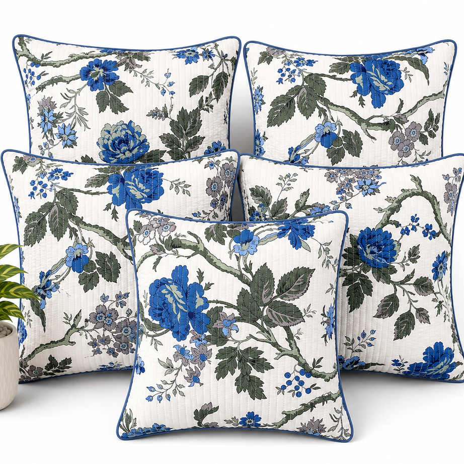 Anokhi Royal Blue Floral Quilted Cotton Cushion Cover Set of 5