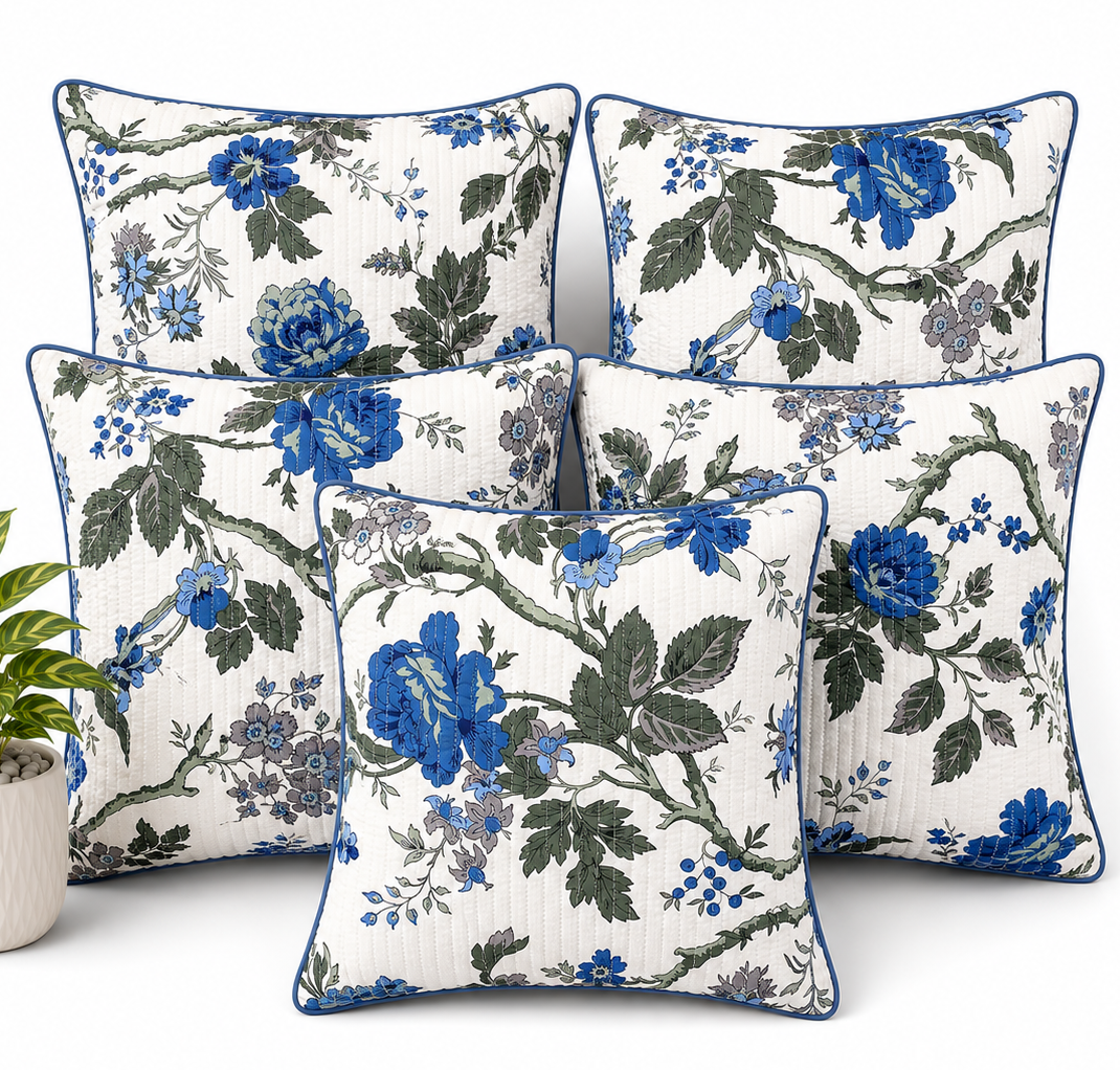 Anokhi Royal Blue Floral Quilted Cotton Cushion Cover Set of 5