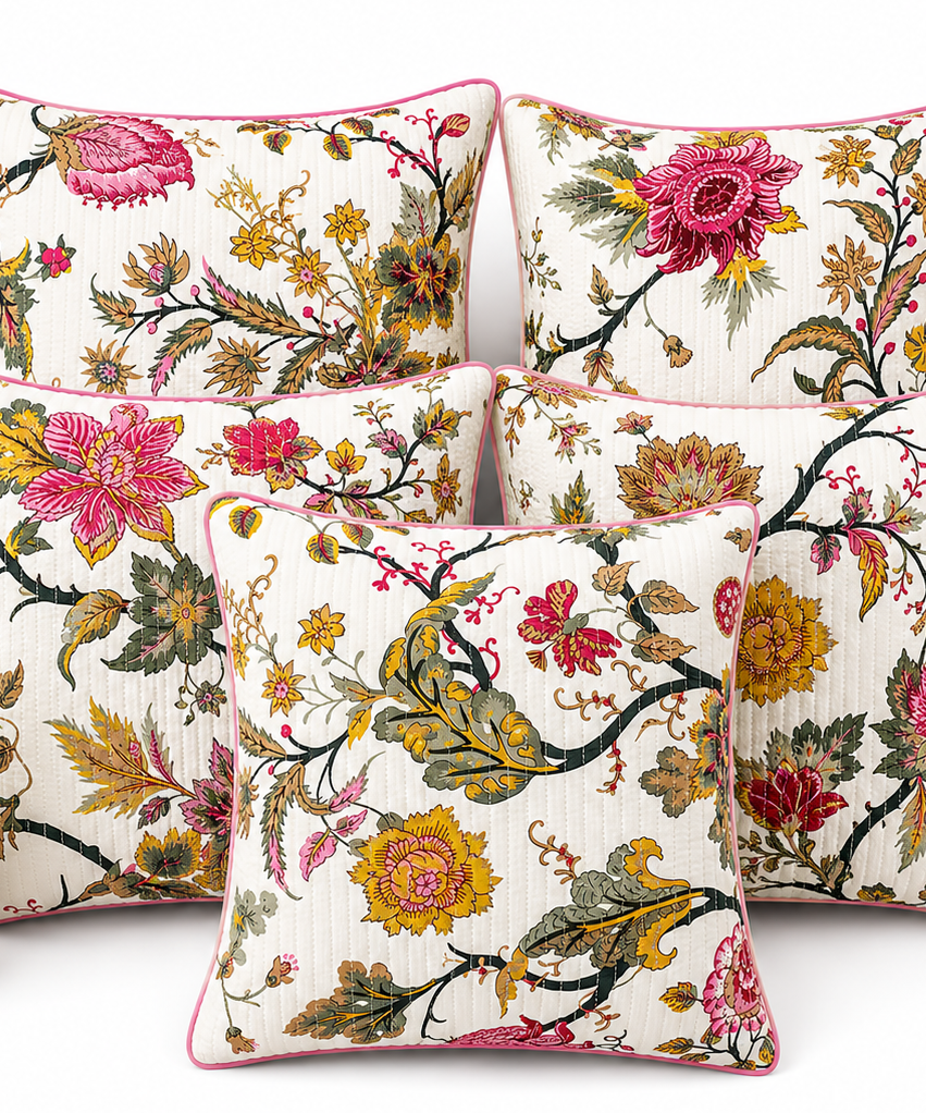 Anokhi Pink Blossom Quilted Cotton Cushion Cover Set of 5