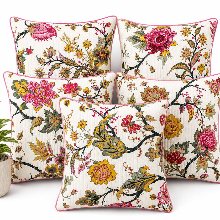 Anokhi Pink Blossom Quilted Cotton Cushion Cover Set of 5