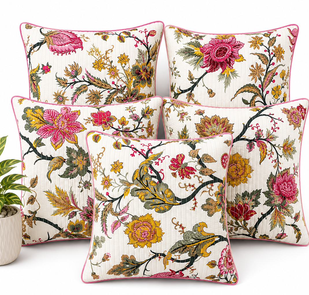 Anokhi Pink Blossom Quilted Cotton Cushion Cover Set of 5