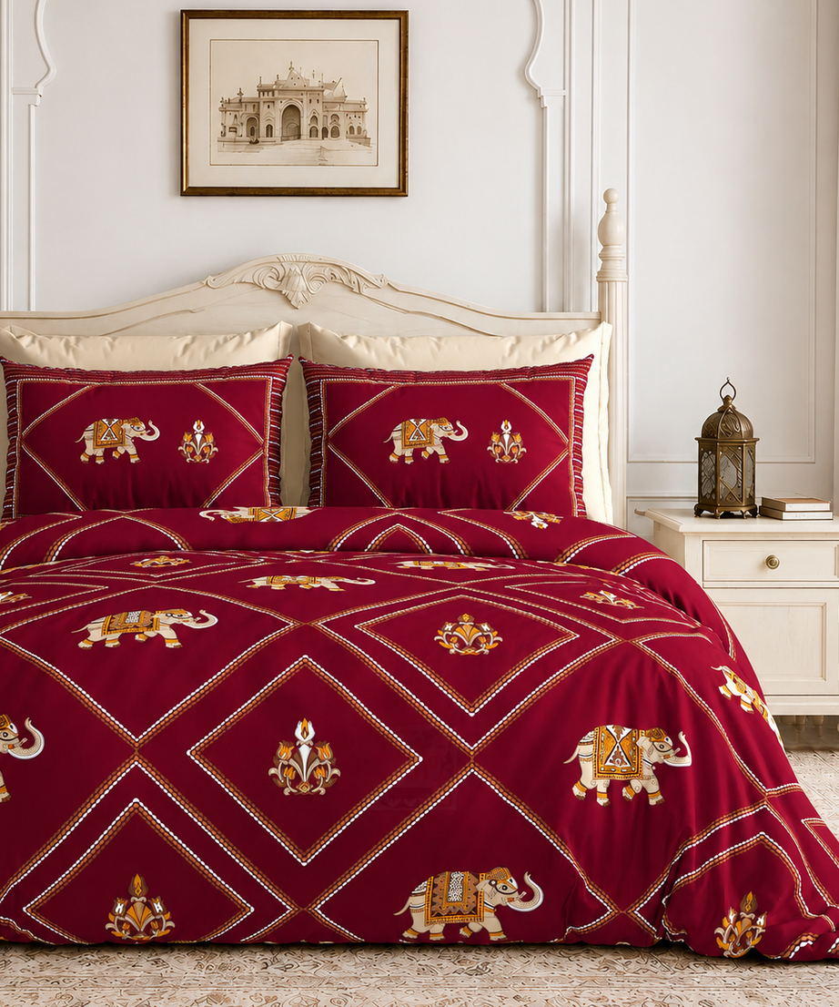 Rajwara Crimson Elephant King Size Bedsheet – 108x108 Inch