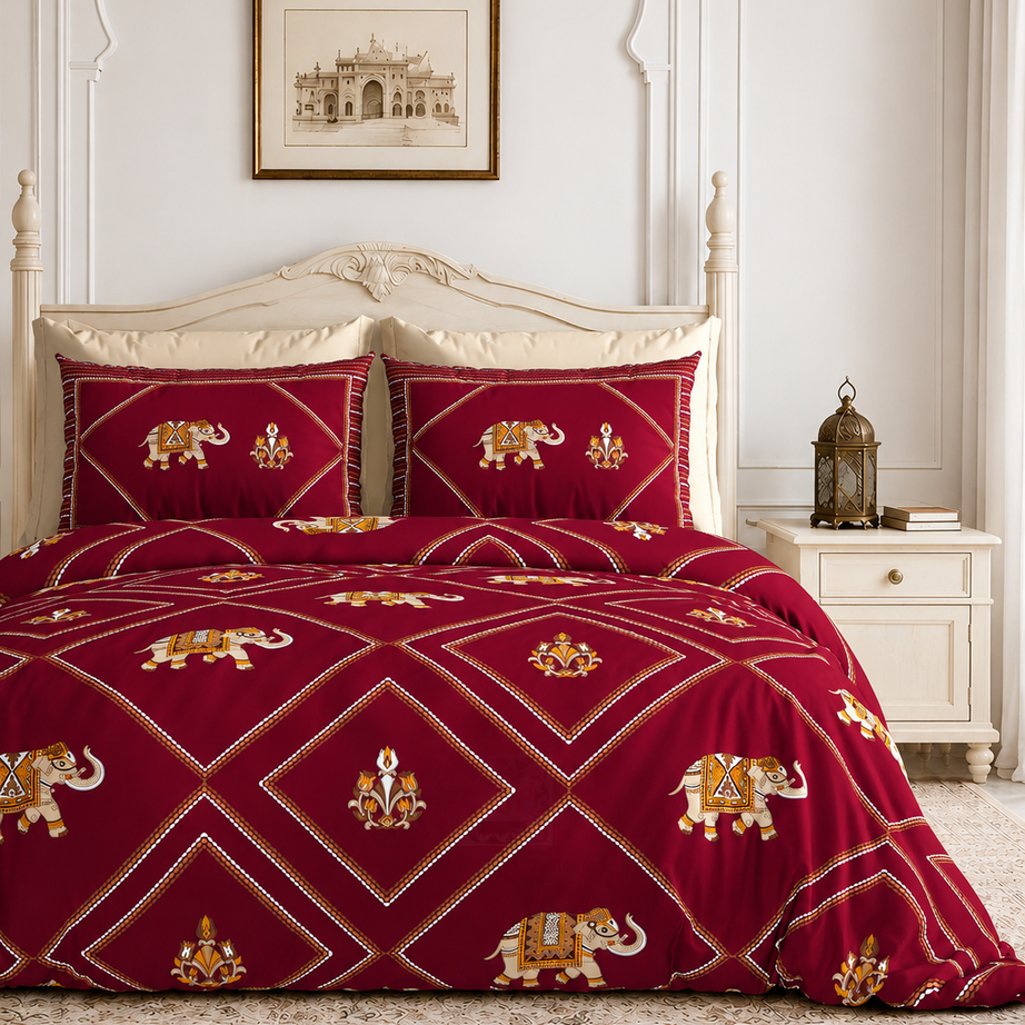 Rajwara Crimson Elephant King Size Bedsheet – 108x108 Inch
