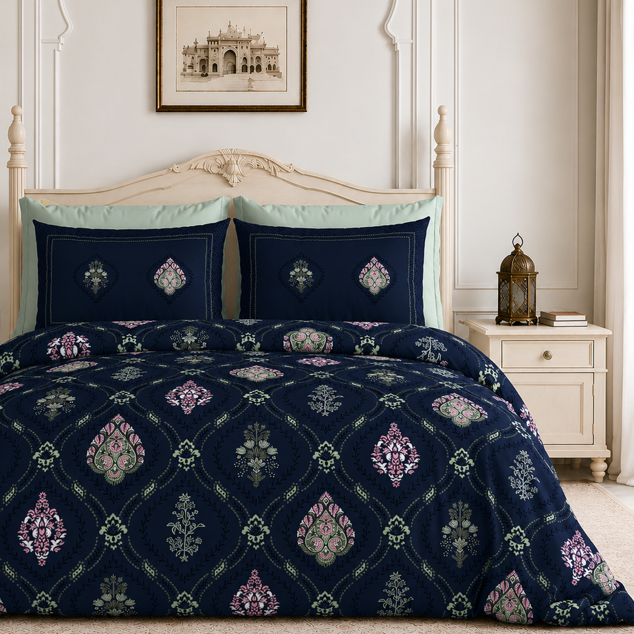 Midnight Mughal Buta King Size Bedsheet – 108x108 Inch