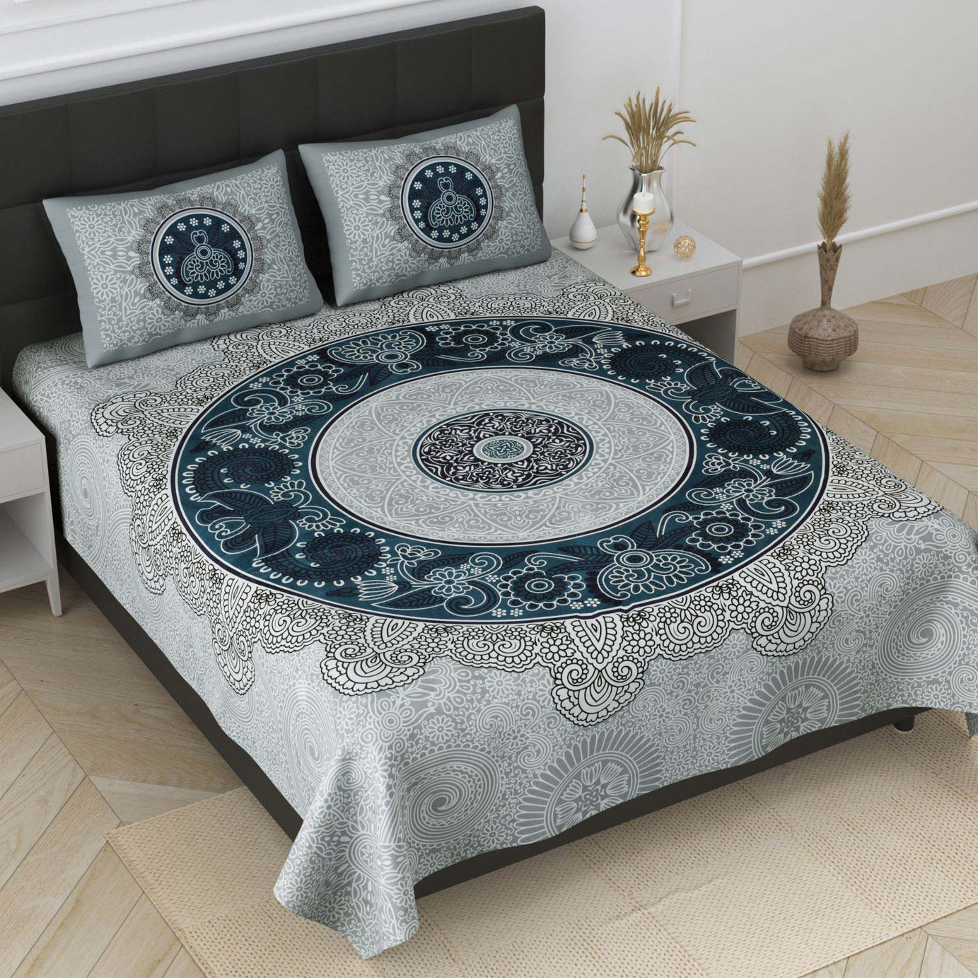Blue Mandala Print King Size 100x108 Cotton Bedsheet