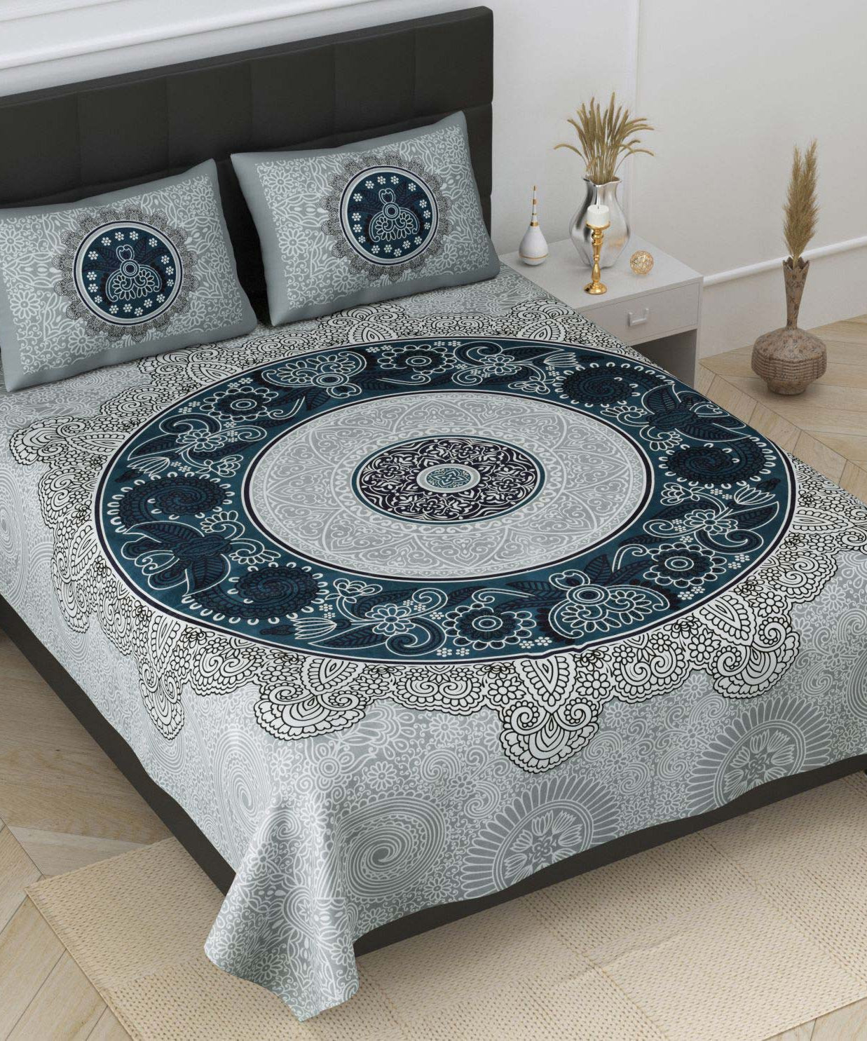 Blue Mandala Print King Size Cotton Bedsheet
