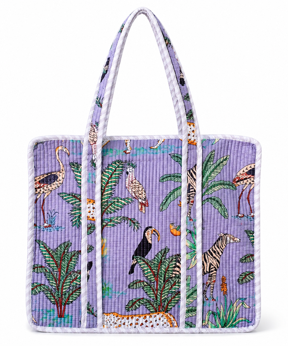 Purple Jungle Print Quilted Cotton Tote Bag – Reversible, Zipper Closure