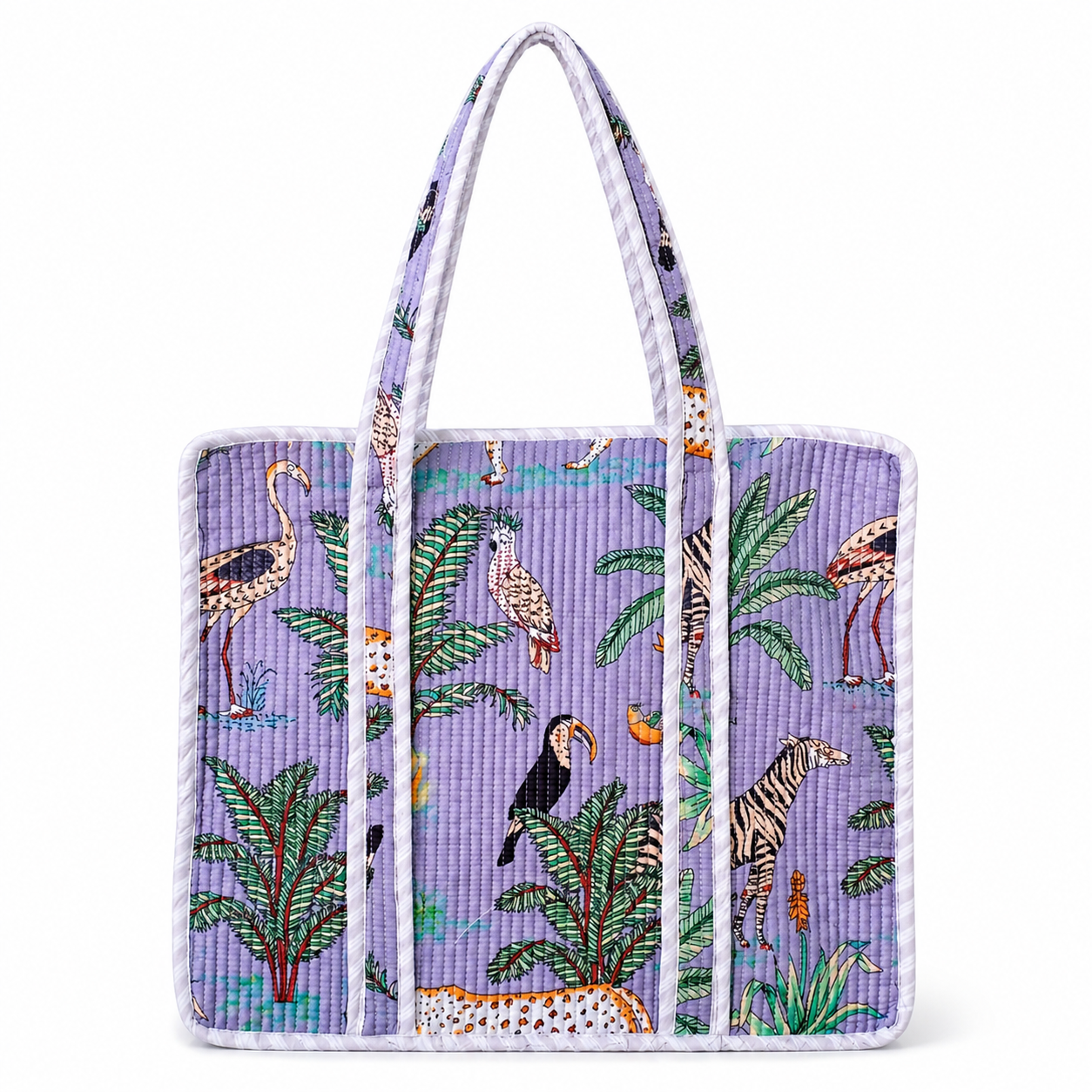Purple Jungle Print Quilted Cotton Tote Bag – Reversible, Zipper Closure, 16x18 Inch