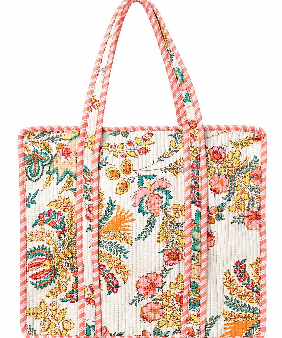 Floral Quilted Cotton Tote Bag – Pink Border | Lightweight Everyday Carry Bag