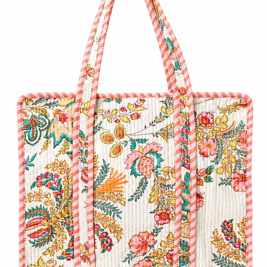 Floral Quilted Cotton Tote Bag – Pink Border | Lightweight Everyday Carry Bag