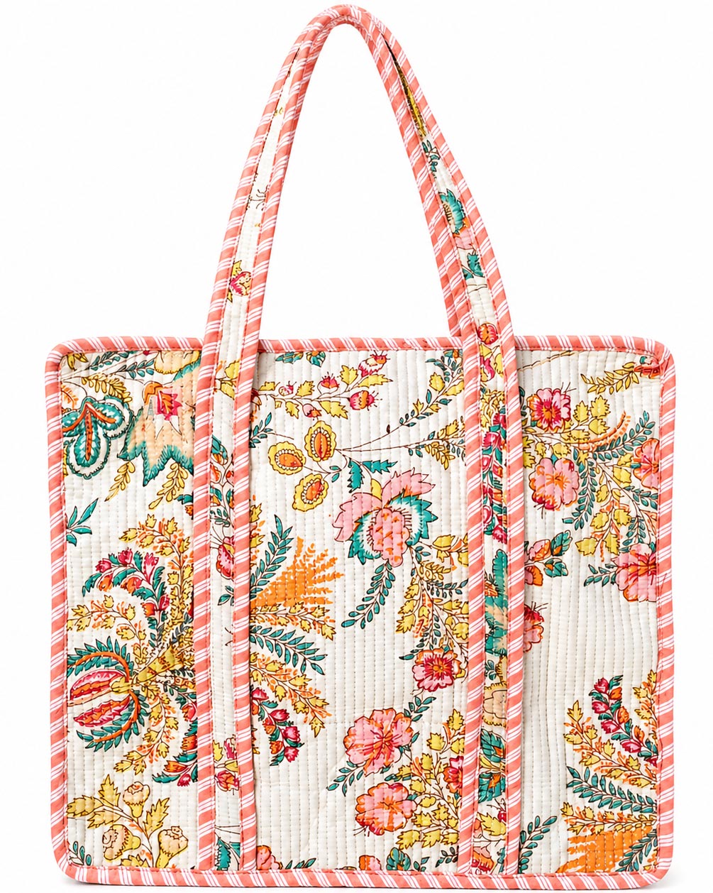 Floral Quilted Cotton Tote Bag – Pink Border | Lightweight Everyday Carry Bag