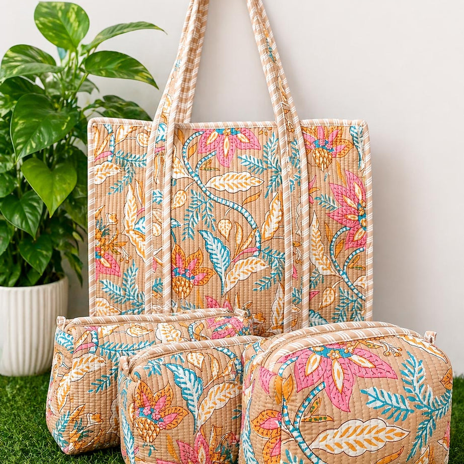 Quilted Makeup & Utility Pouch Set (4 Pieces) – Waterproof Cotton, Handblock Print