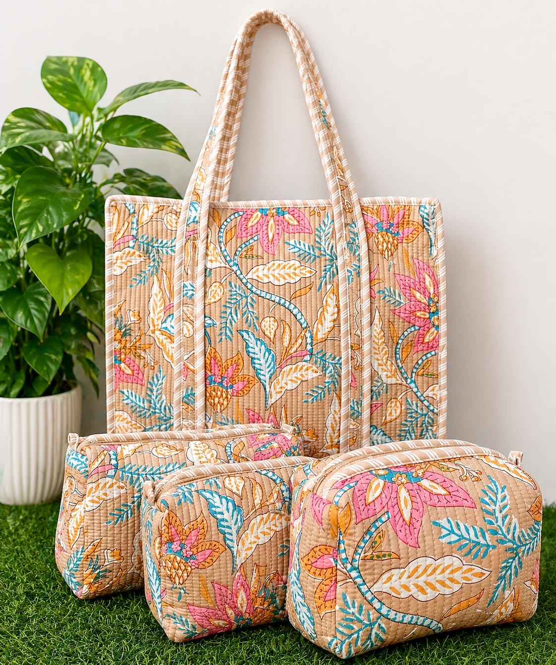 Quilted Makeup & Utility Pouch Set (4 Pieces) – Waterproof Cotton, Handblock Print
