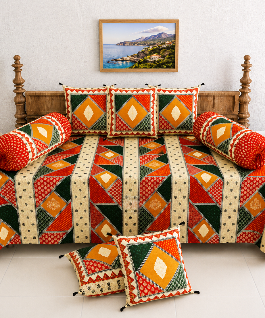 Premium Pure Cotton Diwan Set with Quilted Cushion & Bolster Covers – Traditional Geometric Patchwork Inspired Design
