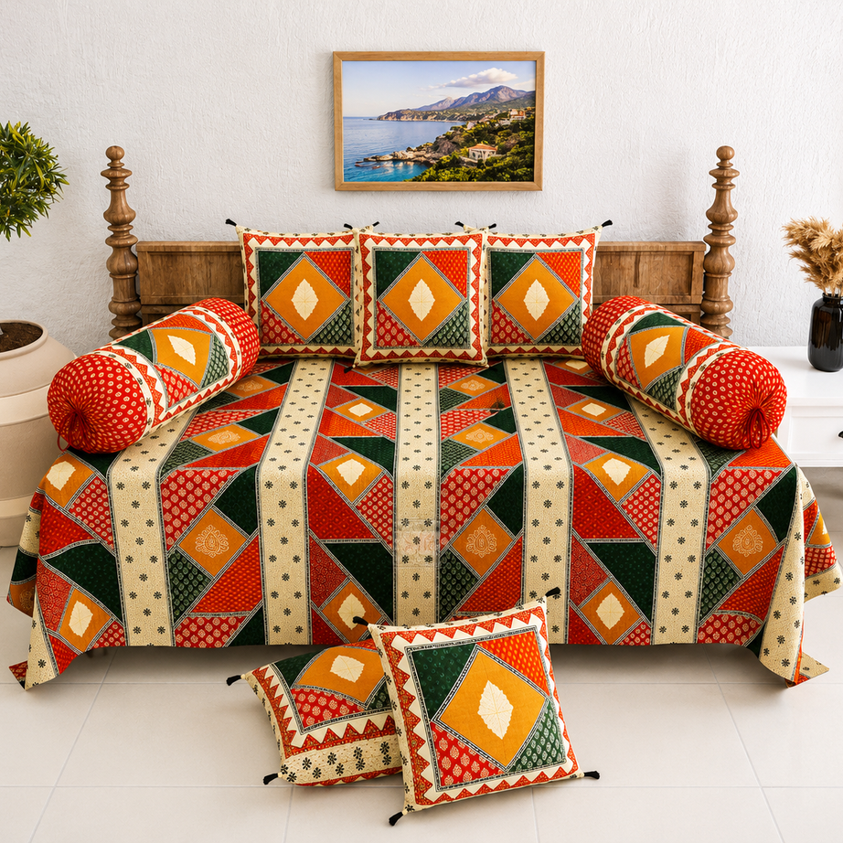 Premium Pure Cotton Diwan Set with Quilted Cushion & Bolster Covers – Traditional Geometric Patchwork Inspired Design