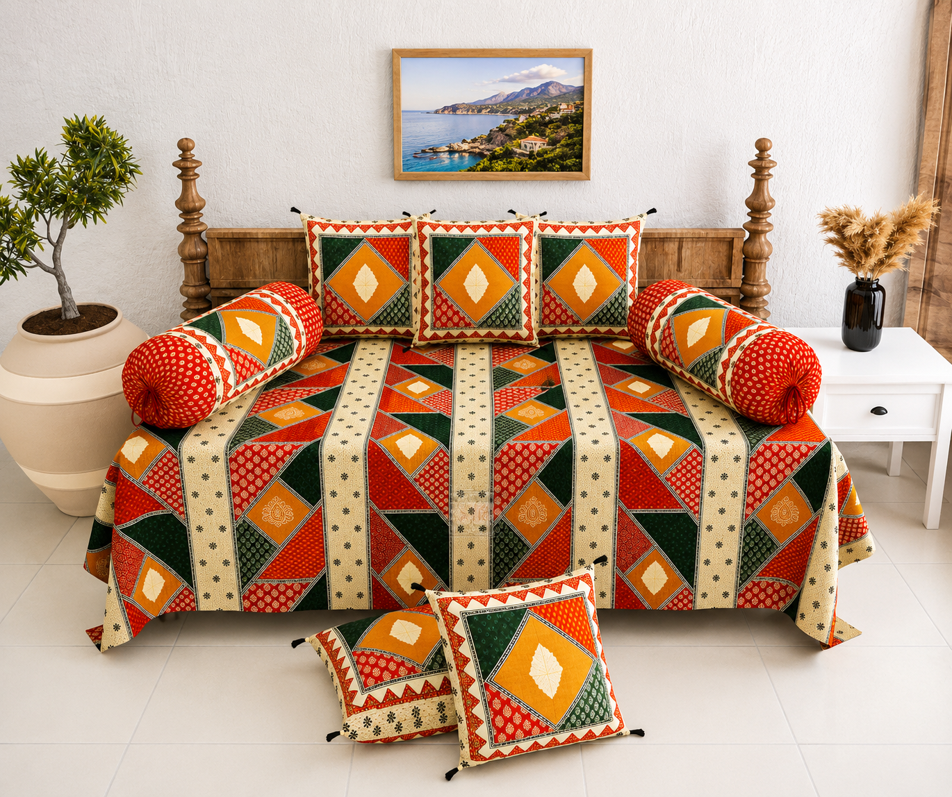 Premium Pure Cotton Diwan Set with Quilted Cushion & Bolster Covers – Traditional Geometric Patchwork Inspired Design