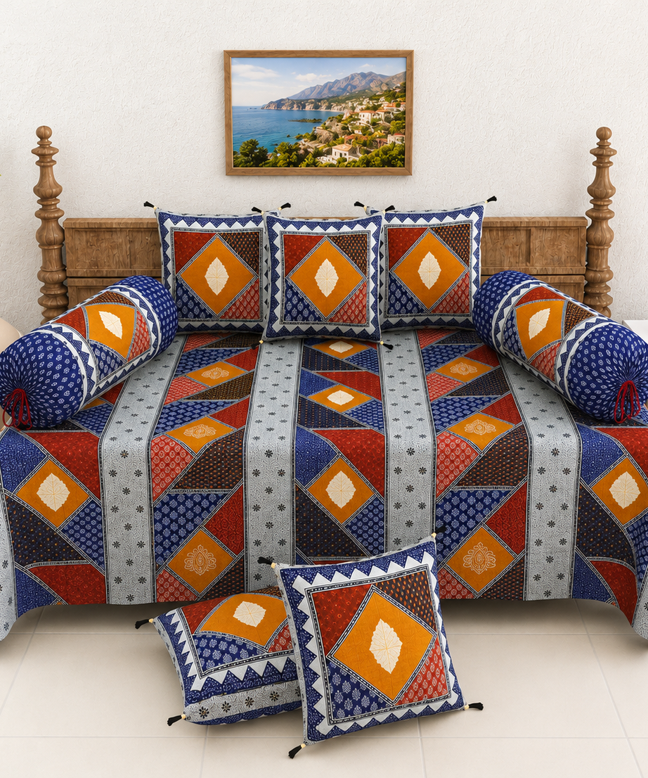 Pure Cotton Diwan Set with Quilted Cushion & Bolster Covers – Blue Geometric Patchwork Inspired Design