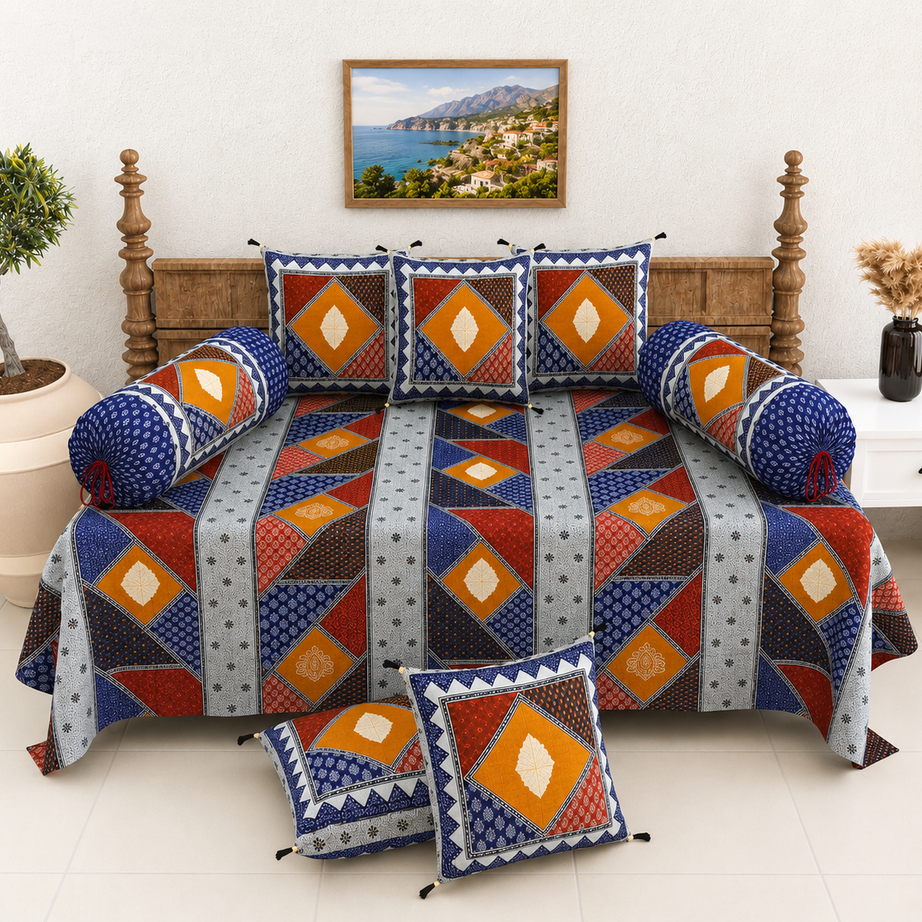 Pure Cotton Diwan Set with Quilted Cushion & Bolster Covers – Blue Geometric Patchwork Inspired Design