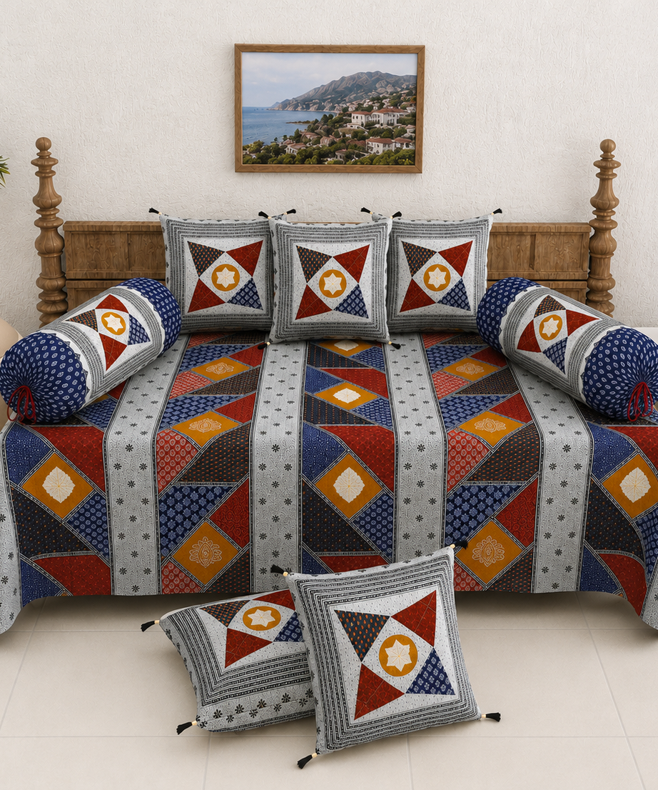Pure Cotton Diwan Set with Quilted Cushion & Bolster Covers – Blue & Grey Geometric Patchwork Inspired Design