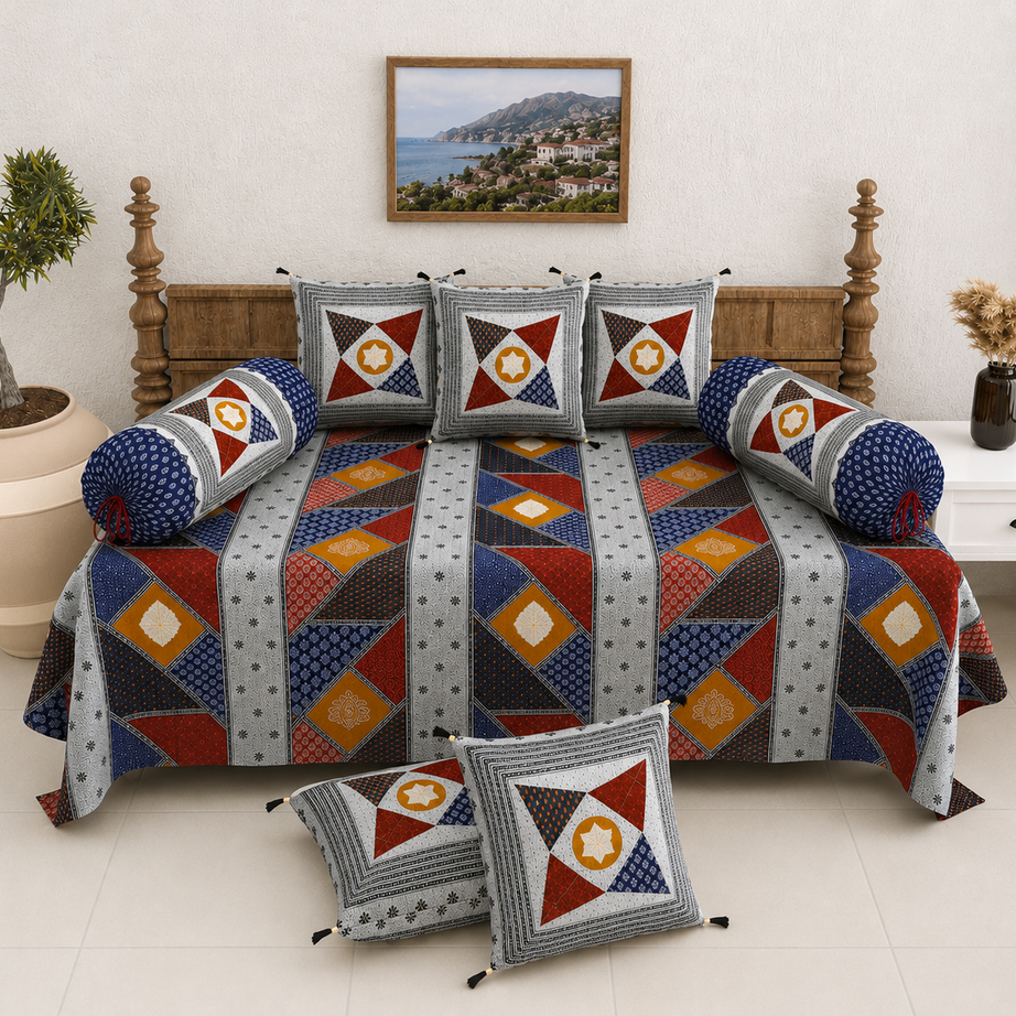 Pure Cotton Diwan Set with Quilted Cushion & Bolster Covers – Blue & Grey Geometric Patchwork Inspired Design