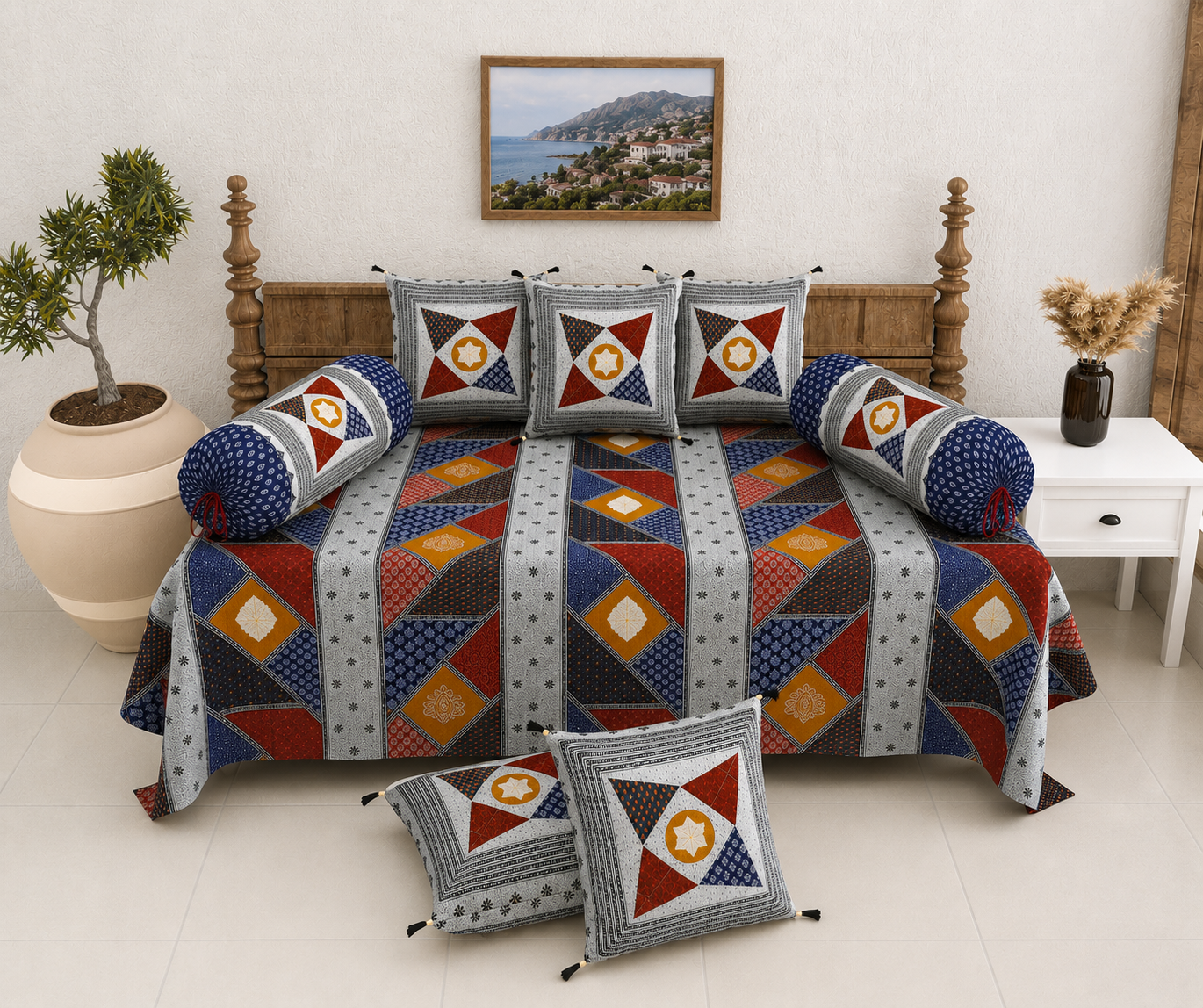 Pure Cotton Diwan Set with Quilted Cushion & Bolster Covers – Blue & Grey Geometric Patchwork Inspired Design