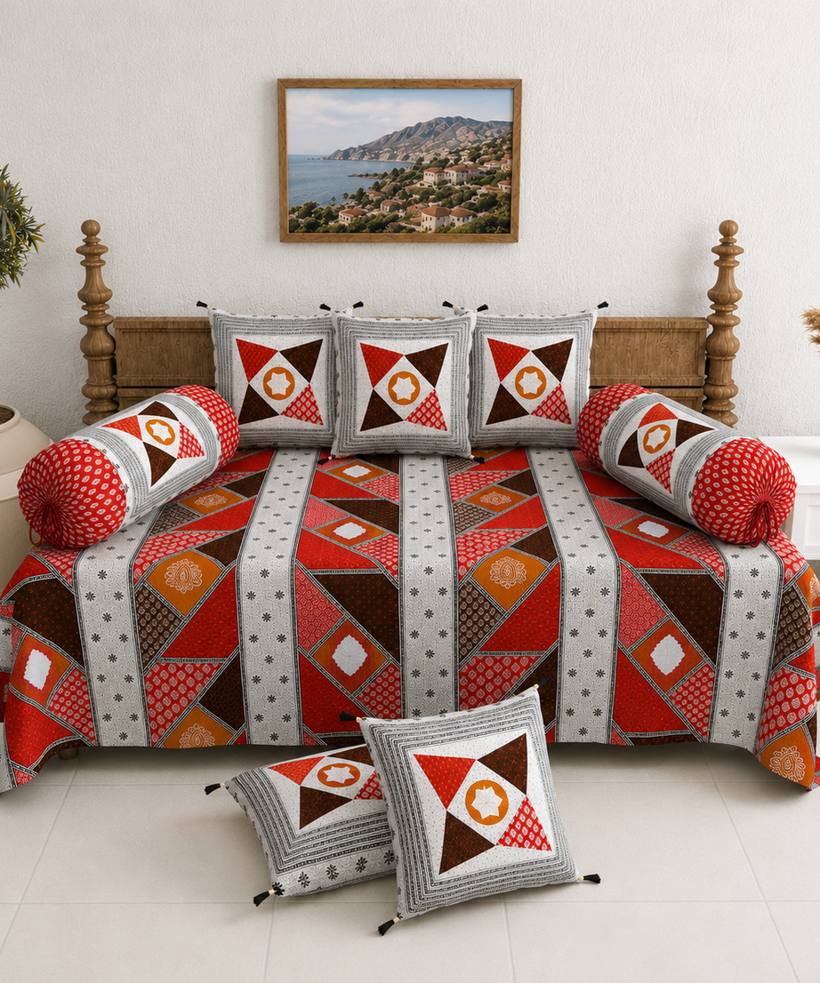 Pure Cotton Diwan Set with Quilted Cushion & Bolster Covers – Red Geometric Patchwork Inspired Design