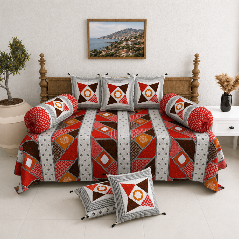 Pure Cotton Diwan Set with Quilted Cushion & Bolster Covers – Red Geometric Patchwork Inspired Design