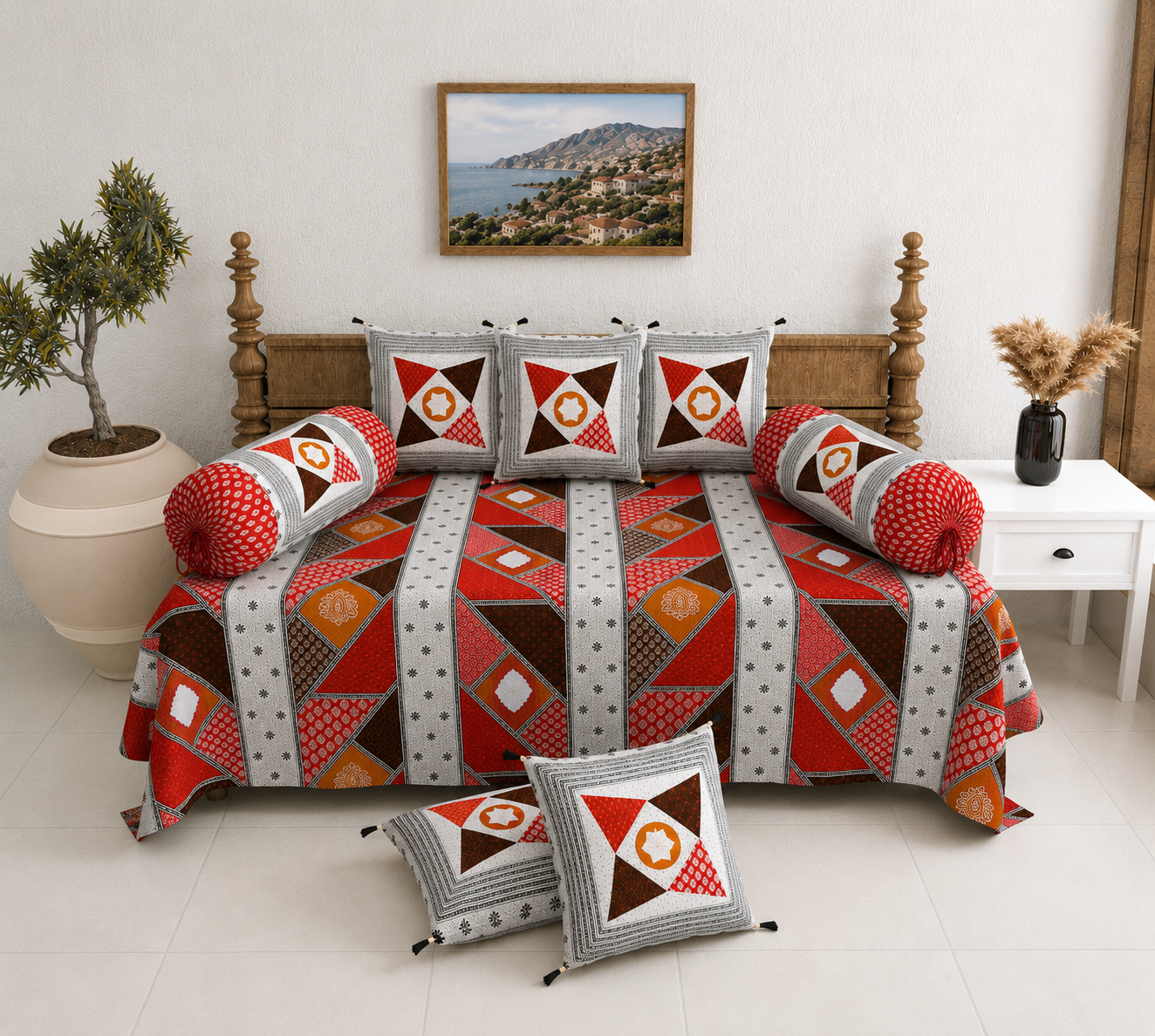 Pure Cotton Diwan Set with Quilted Cushion & Bolster Covers – Red Geometric Patchwork Inspired Design