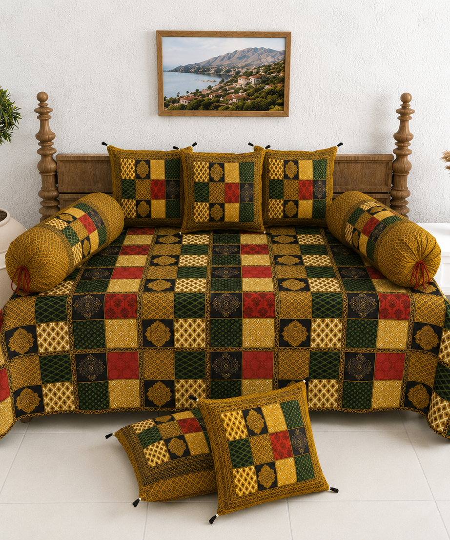 Pure Cotton Diwan Set with Quilted Cushion & Bolster Covers – Multicolor Patchwork Inspired Design