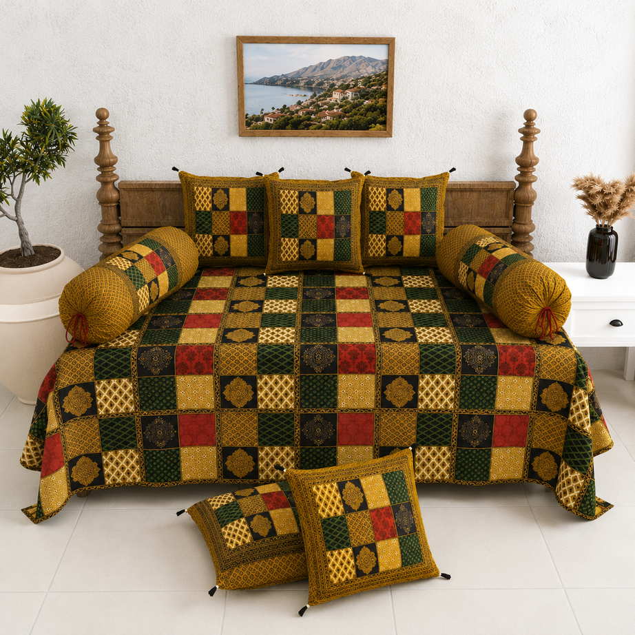Pure Cotton Diwan Set with Quilted Cushion & Bolster Covers – Multicolor Patchwork Inspired Design