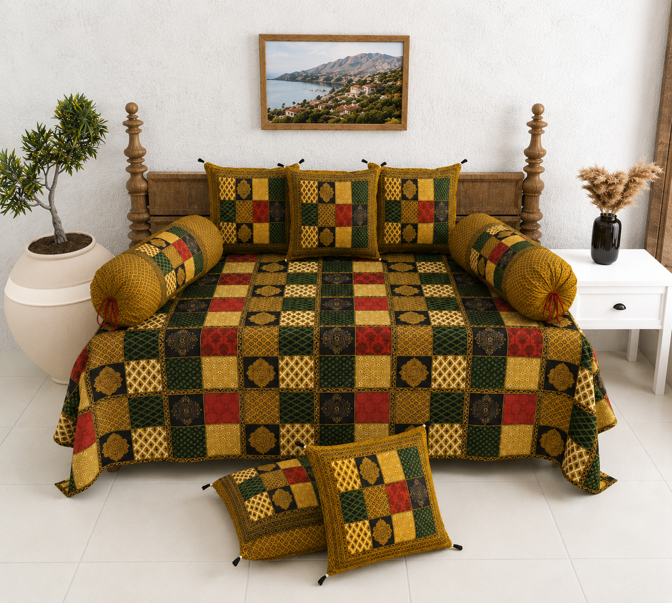 Pure Cotton Diwan Set with Quilted Cushion & Bolster Covers – Multicolor Patchwork Inspired Design