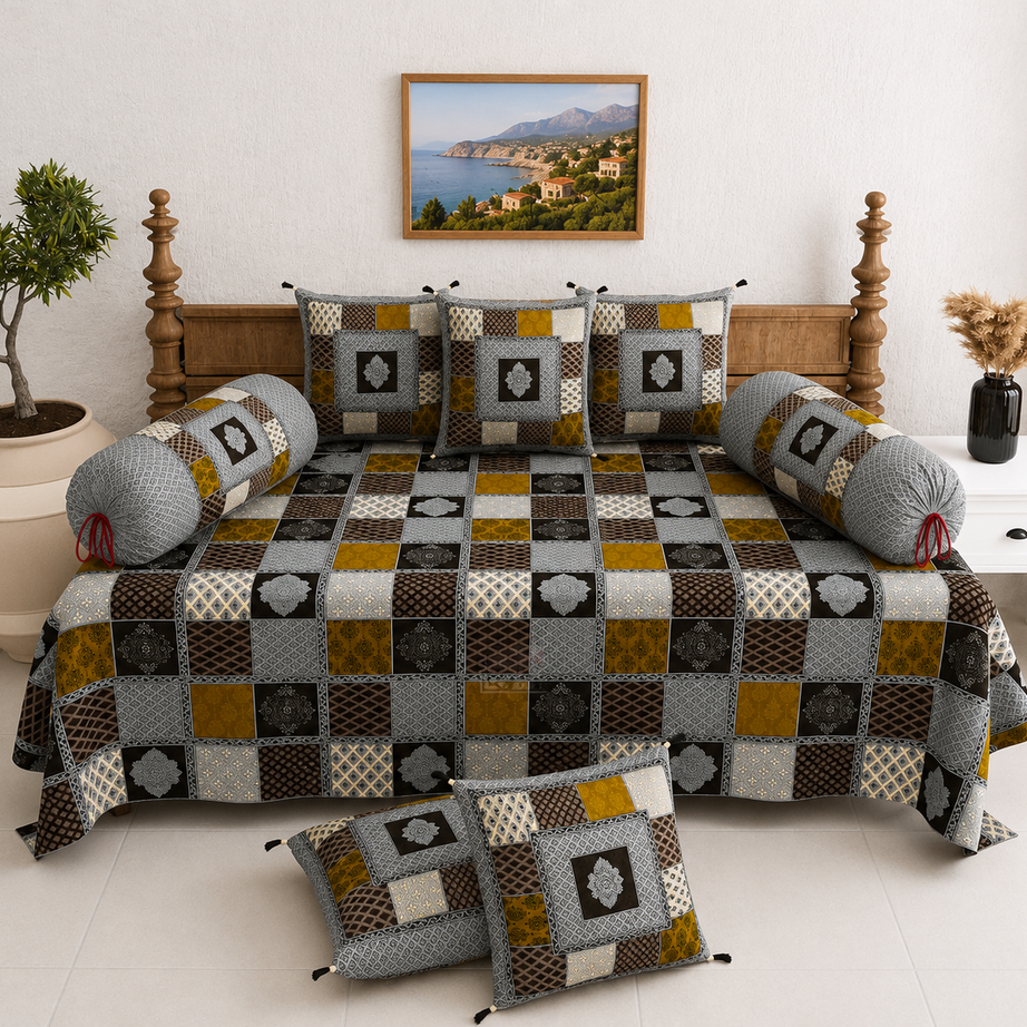 Pure Cotton Diwan Set with Quilted Cushion & Bolster Covers – Grey Mustard Patchwork Inspired Design