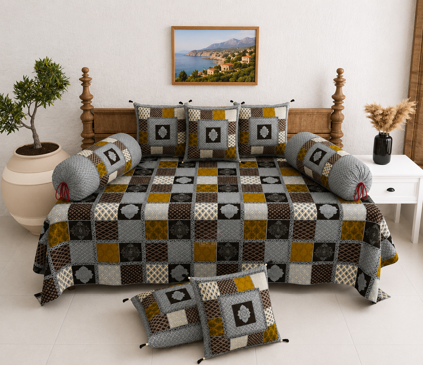 Pure Cotton Diwan Set with Quilted Cushion & Bolster Covers – Grey Mustard Patchwork Inspired Design