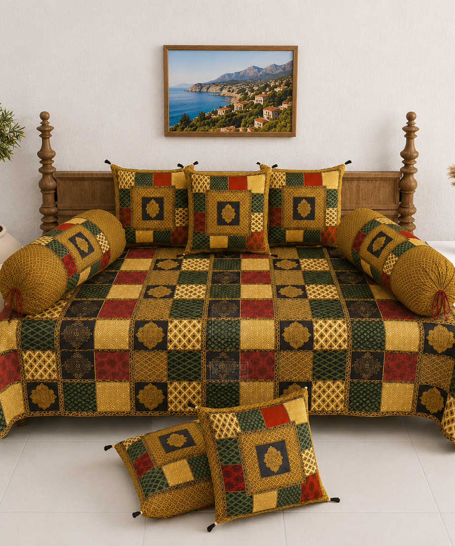 Pure Cotton Diwan Set with Quilted Cushion & Bolster Covers – Mustard Green Patchwork Inspired Design