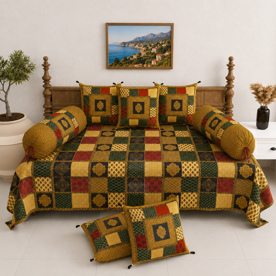 Pure Cotton Diwan Set with Quilted Cushion & Bolster Covers – Mustard Green Patchwork Inspired Design
