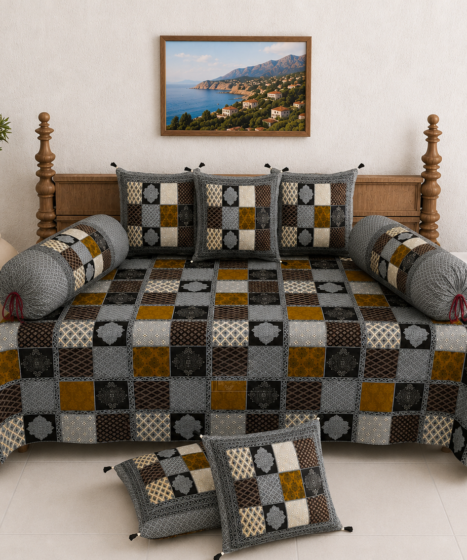 Pure Cotton Diwan Set with Quilted Cushion & Bolster Covers – Grey Mustard Checkered Patchwork Inspired Design